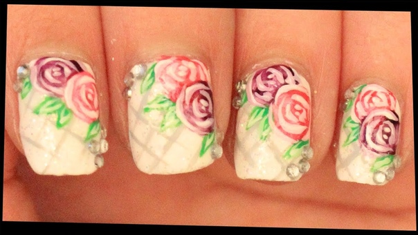 Pink Purple Roses on White nail