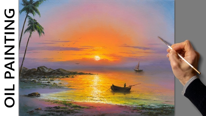 Oil Painting Ocean Sunset, Relaxing Art, Еasy, Морской пейзаж. Уроки рисования.