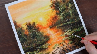 Sunset lake with water lily / How to paint an acrylic painting / PaintingTutorial / Painting ASMR