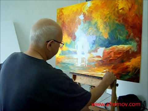 Artist Leonid Afremov painting a new piece by palette knife, October