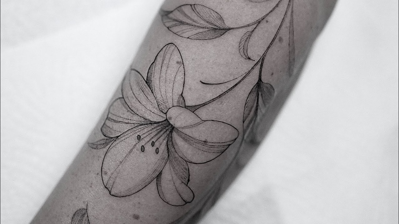 Lily Flowers tattoo process. Fine Lines